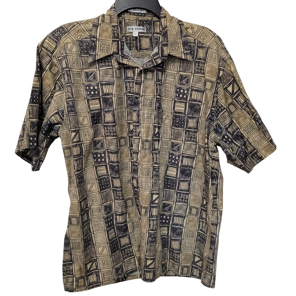 Via Veneto Mens Geometric Print Short Sleeve Button Up Shirt Khaki Blue Size L
